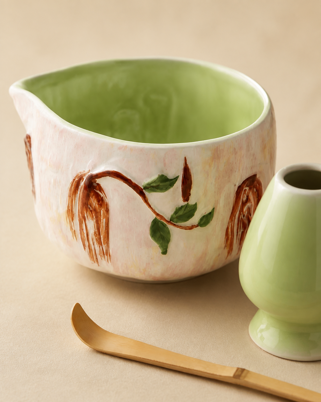 Cherry Willow matcha ceremony set with hand-painted ceramic bowl and bamboo whisk tools