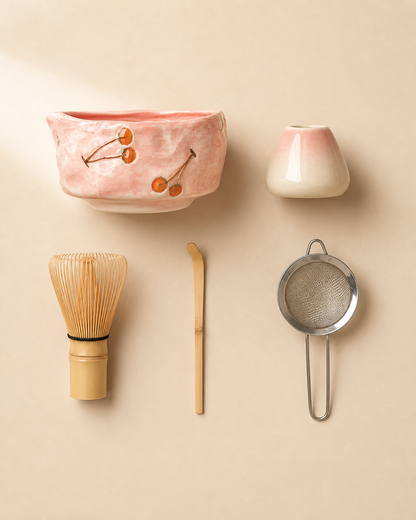 Cherry Willow matcha ceremony set size and component overview