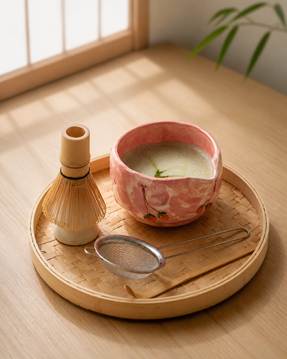 Cherry Willow 5-piece matcha set styled for a calm home tea ritual