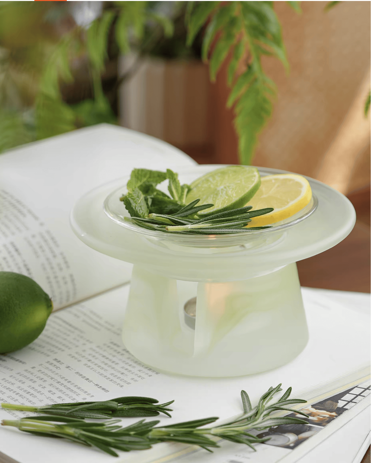 Celadon green liuli glass incense warmer lit by a tealight, with lemon, mint and rosemary warming in the upper dish