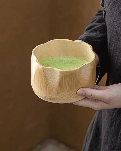 Bamboo matcha bowl set with whisk, scoop, spoon, and holder details