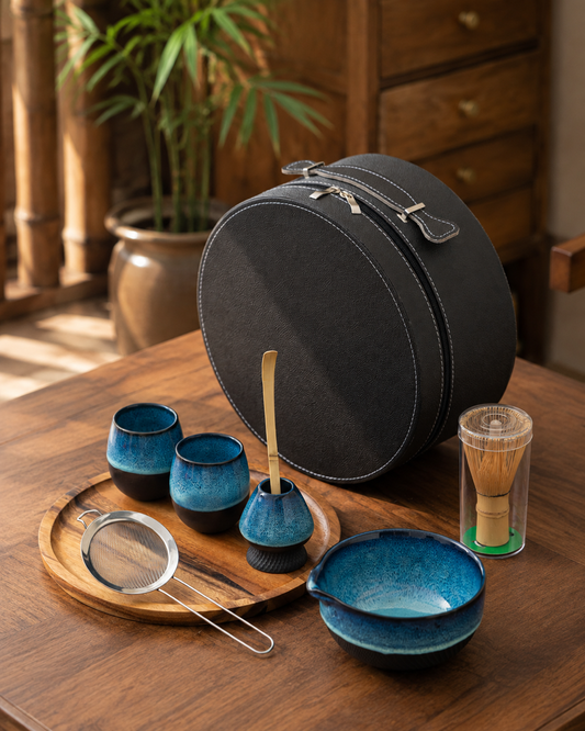 Kiln & Ritual blue and white ceramic matcha gift set with round carrying case
