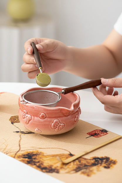 Blush Bow ceramic matcha bowl and tea tools arranged for gifting