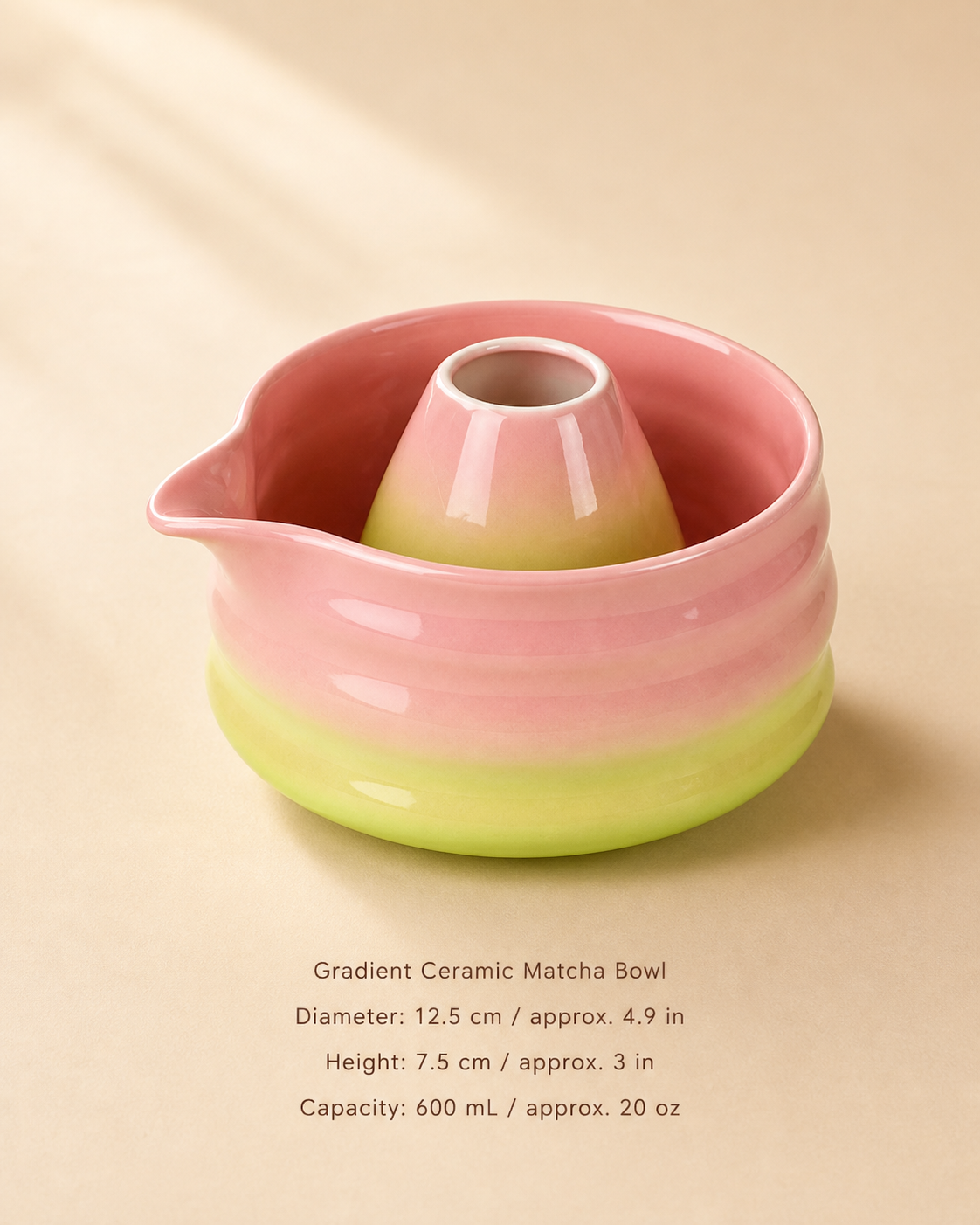 Dawn Blend gradient ceramic matcha bowl size chart: 12.5cm diameter, 7.5cm height, 600ml capacity