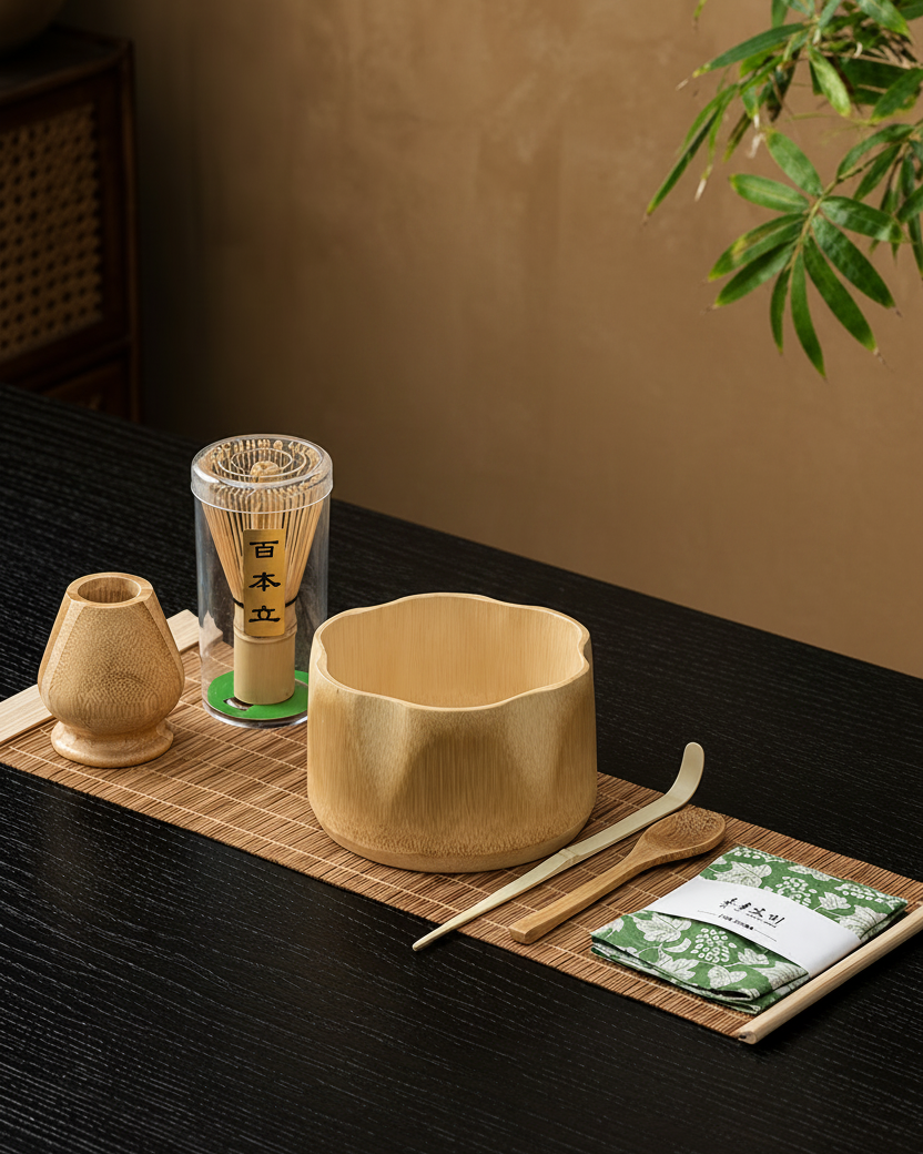 Bamboo matcha bowl gift set with decorated box packaging