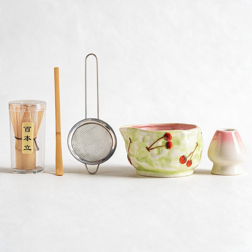 Cherry Green 5-piece ceramic matcha set