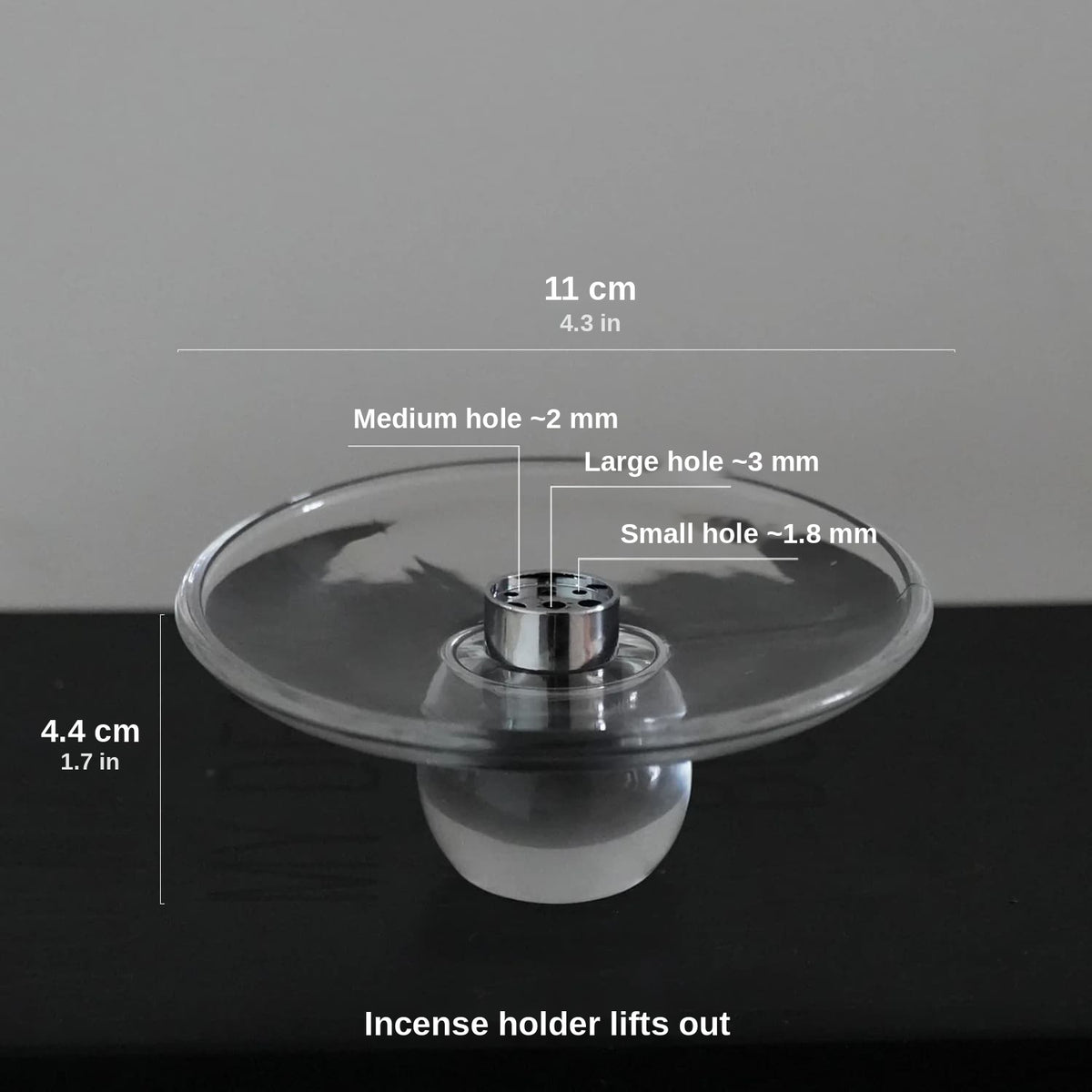 Dimensions of the glass incense stick holder: 11 cm wide, 4.4 cm tall, with nine holes in three sizes (1.8, 2 and 3 mm) in the removable insert