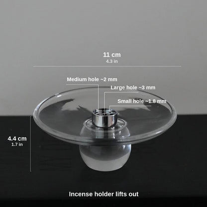 Dimensions of the glass incense stick holder: 11 cm wide, 4.4 cm tall, with nine holes in three sizes (1.8, 2 and 3 mm) in the removable insert