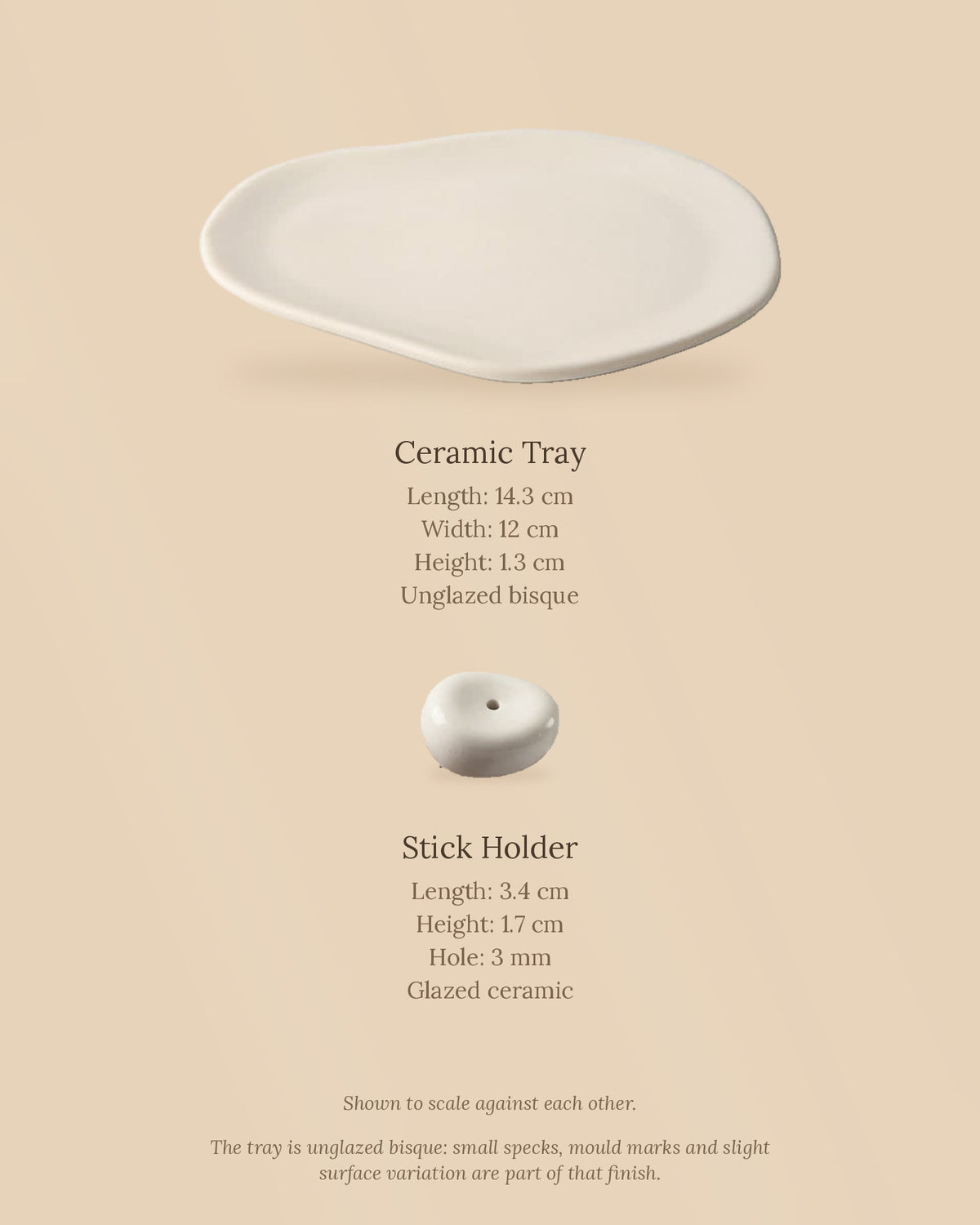 Dimensions of the River Stone set: unglazed ceramic tray 14.3 x 12 x 1.3 cm and glazed stone holder 3.4 x 1.7 cm with a 3 mm hole