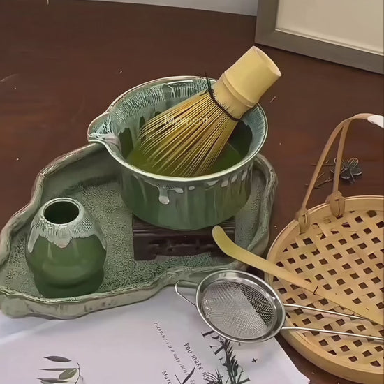 Matcha Spring 6-piece set: bowl, whisk, whisk holder, tasting cup, sifter, and scoop flat lay